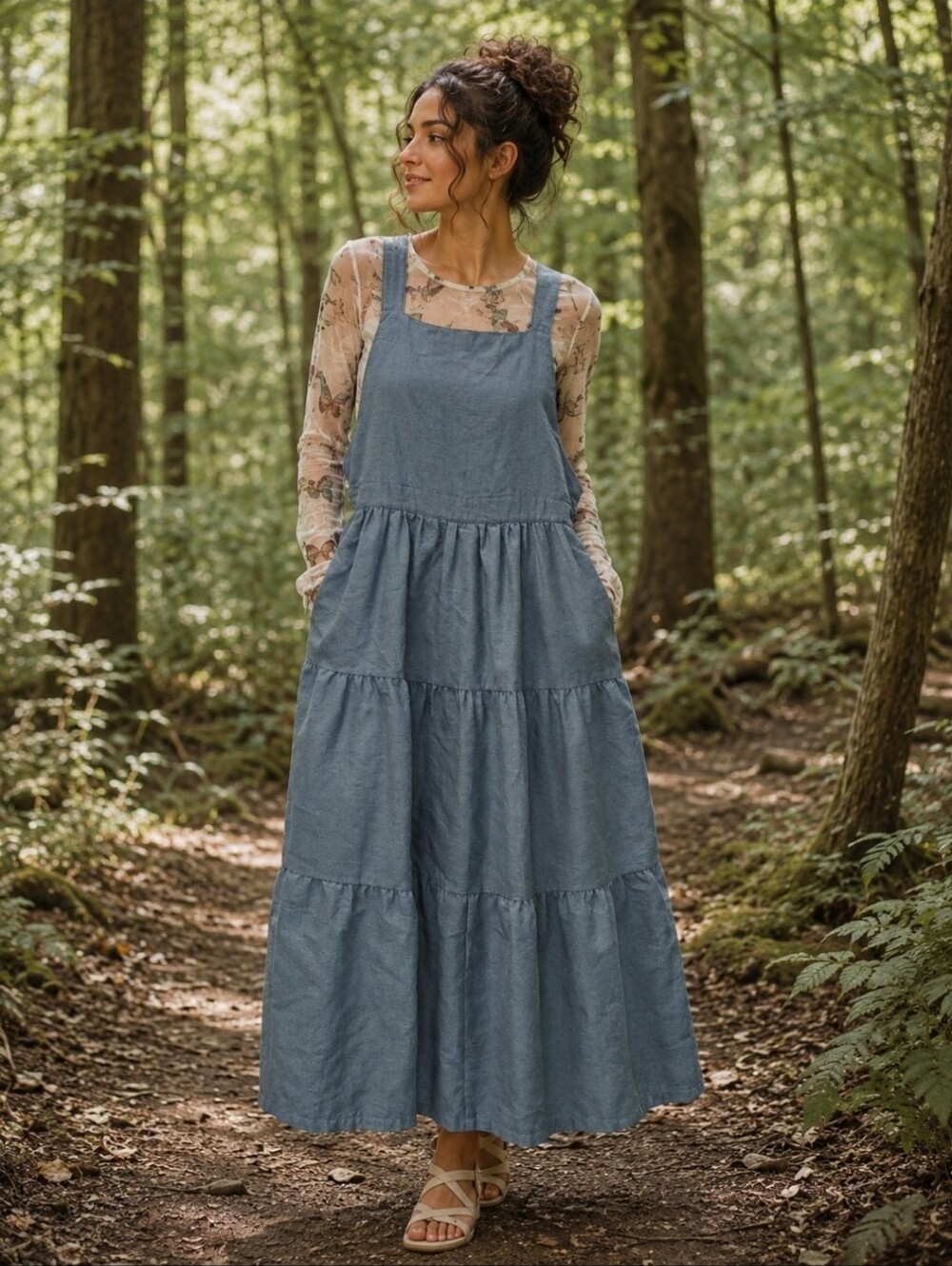 Fehrnvi Blue Tiered Overall Maxi Dress